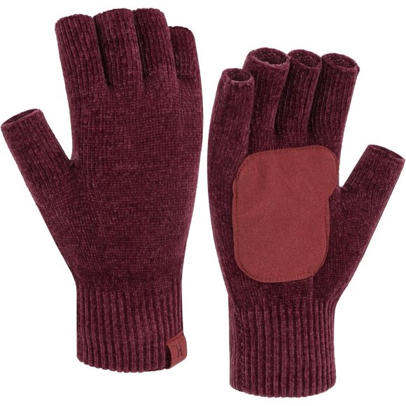 Women's Wine Red Winter Chenille Warm Typing Working Texting Half Finger Gloves - Picture 1 of 6